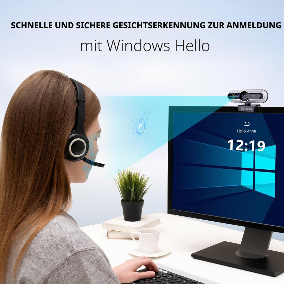 TOALLIN 2K QHD-Webcam mit Windows Hello, Gesichtserkennungs-Webcam, 5 Millionen Pixel, Computerkamer