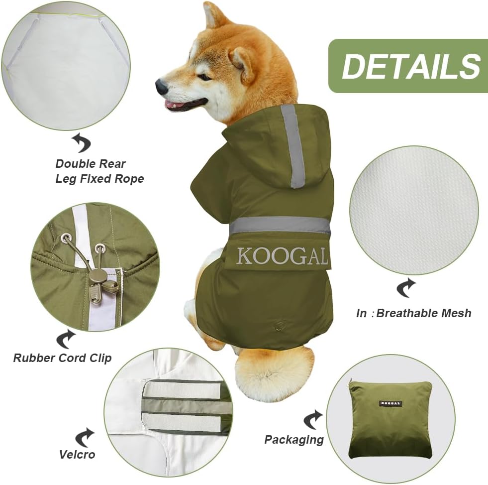 KOOGAL Grosse Hunde Regenjacken Mit Kapuze,Hunde Regenmantel,Mit Reflektierenden Sicherheitsstreifen