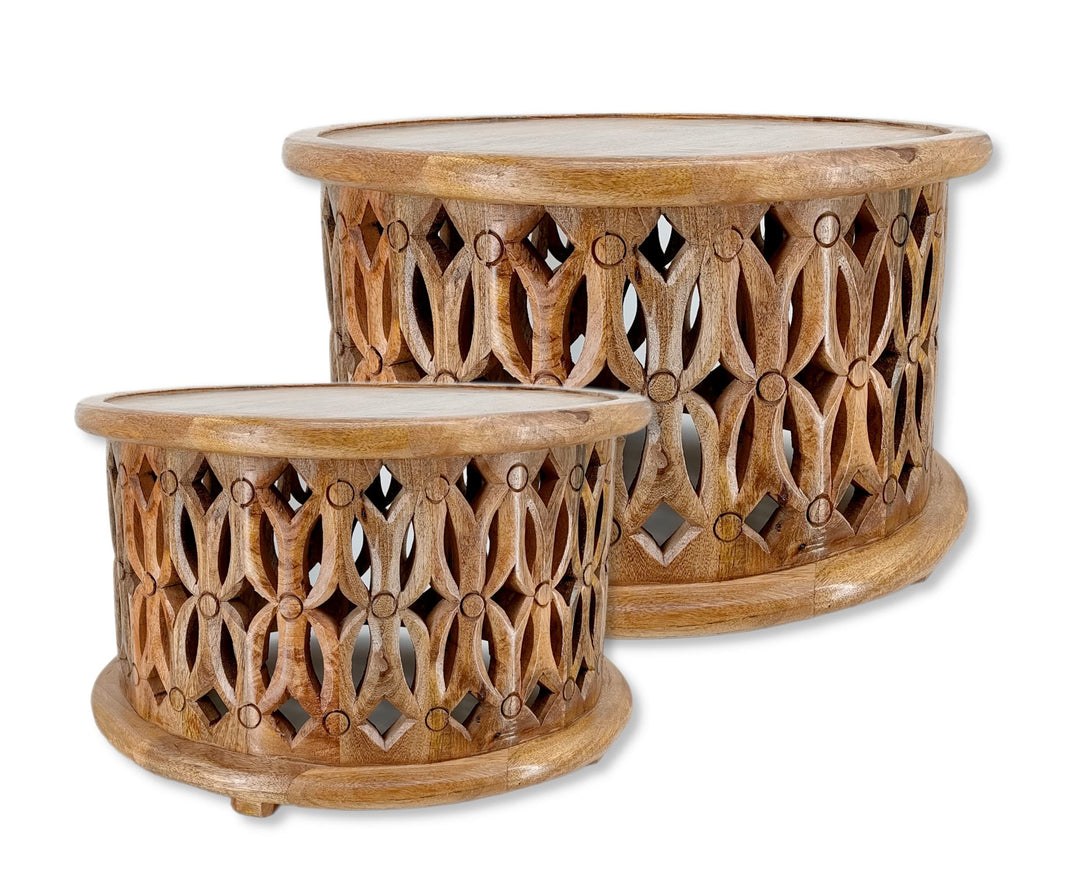 DARO DEKO Holz Couchtisch rund natürlich braun Couch Beistelltisch Vintage Sofatisch 2er Set - Ø50cm