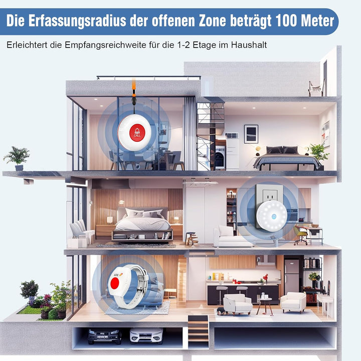 ChunHee Notrufknopf für Senioren/Notrufarmband für Senioren/Alarm für Senioren 45M Empfangsreichweit