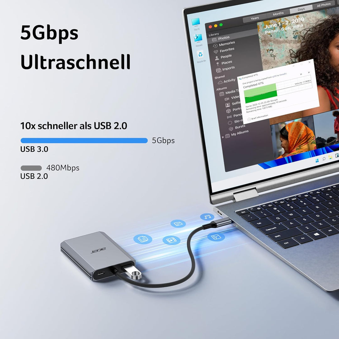 acer USB C auf Dual HDMI Adapter 4K@60Hz, 4-in-1 USB C Hub Multiport Adapter mit 100W PD, USB 3.0, H