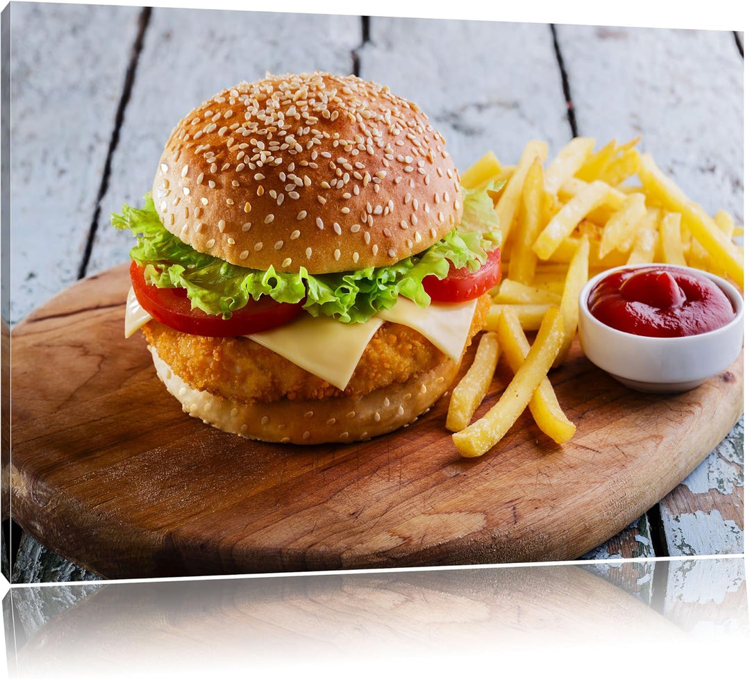 Chickenburger mit Pommes, Format: 100x70 auf Leinwand, XXL riesige Bilder fertig gerahmt mit Keilrah