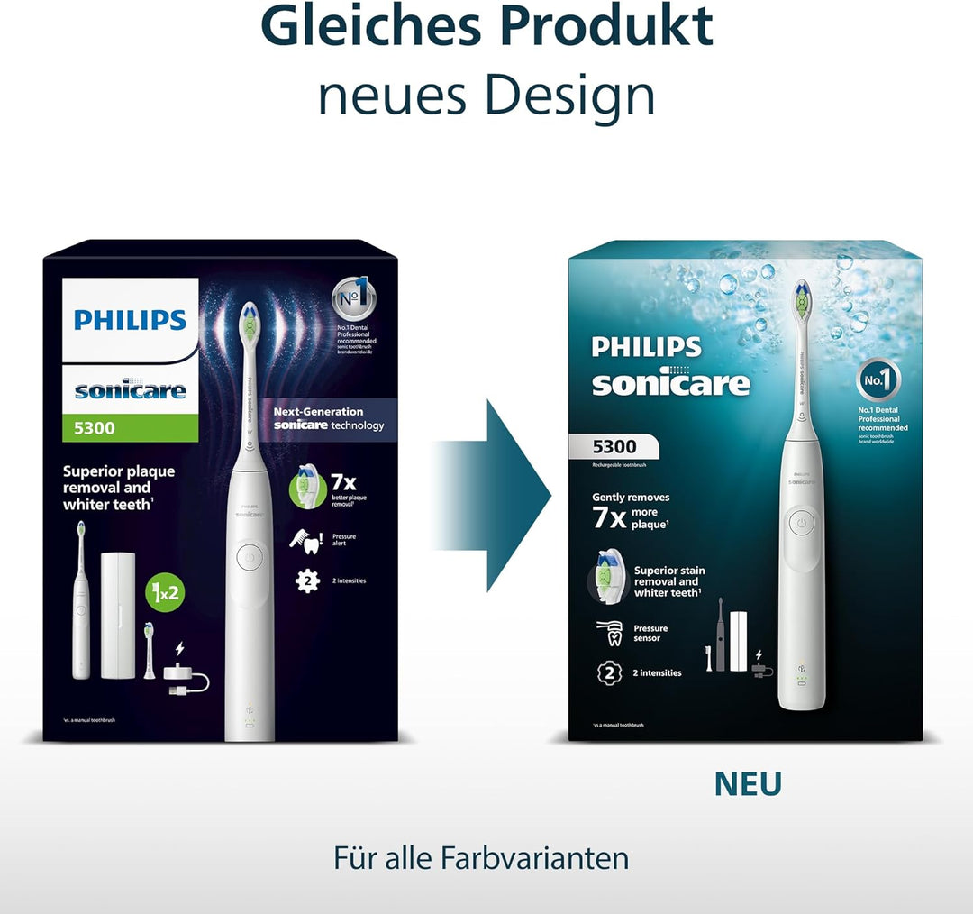 Philips Sonicare 5300 elektrische Zahnbürste, Schallzahnbürste mit 2 Intensitätsstufen, Andruckkontr