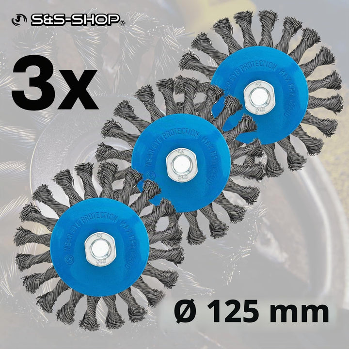 Rundbürste Ø 125 mm, 3 Stück, M14 x 2, passend für Winkelschleifer, Stahlbürste, Drahtbürste Bohrmas