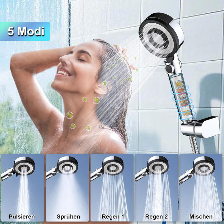 Nafall Duschkopf Filter Mit 1.5m Schlauch, Handbrause Wassersparend, Duschkopf Duschbrause Mit 5 Str