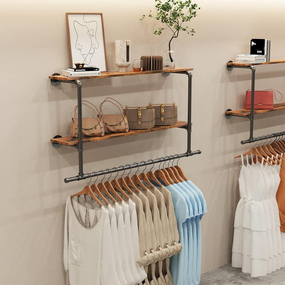 unho Kleiderstange zur Wandmontage, Wandgarderobe mit 2 Ablage im Industrierohrstil, Wandgarderoben