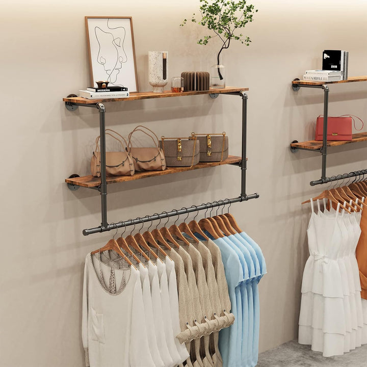unho Kleiderstange zur Wandmontage, Wandgarderobe mit 2 Ablage im Industrierohrstil, Wandgarderoben