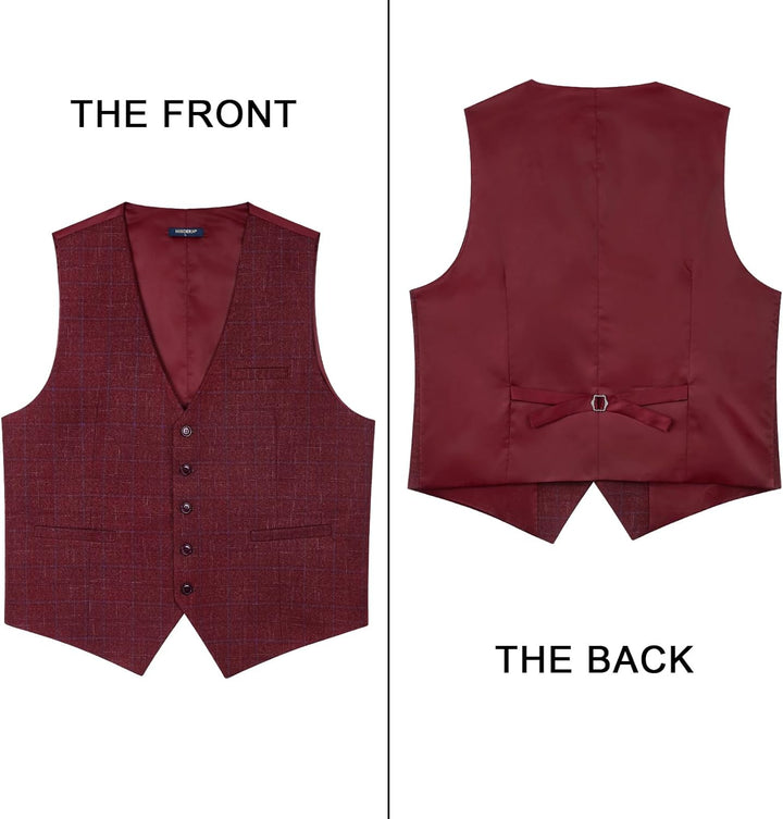 HISDERN Manner Formale Hochzeitsfeier Weste Baumwolle Plaid Kleid Anzug Weste für Herren Burgund 2 S
