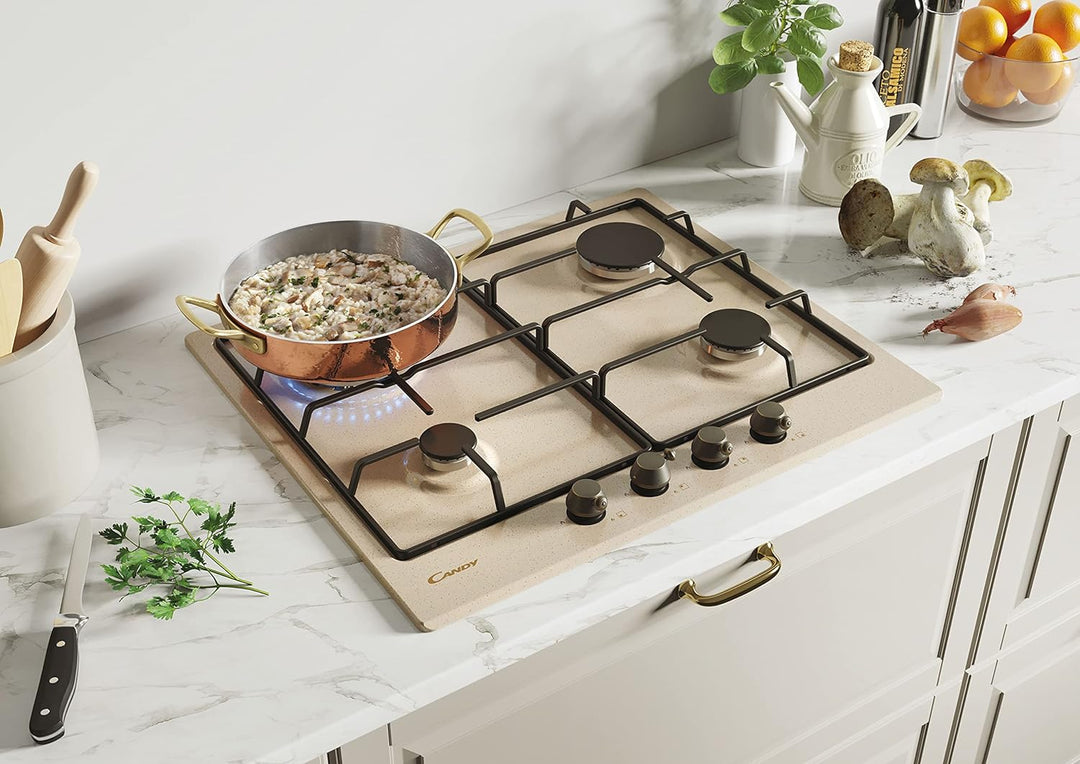 Candy CHW6BRAV4WGT Einbau-Gasherd, 4 Brenner, klassische Linie, emaillierte Grillroste, Sicherheitsv