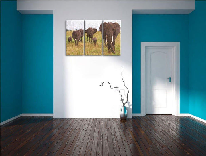 grosse wandernde Elefantenhorde NewArt 3-Teiler Leinwandbild 120x80 Bild auf Leinwand, XXL riesige B