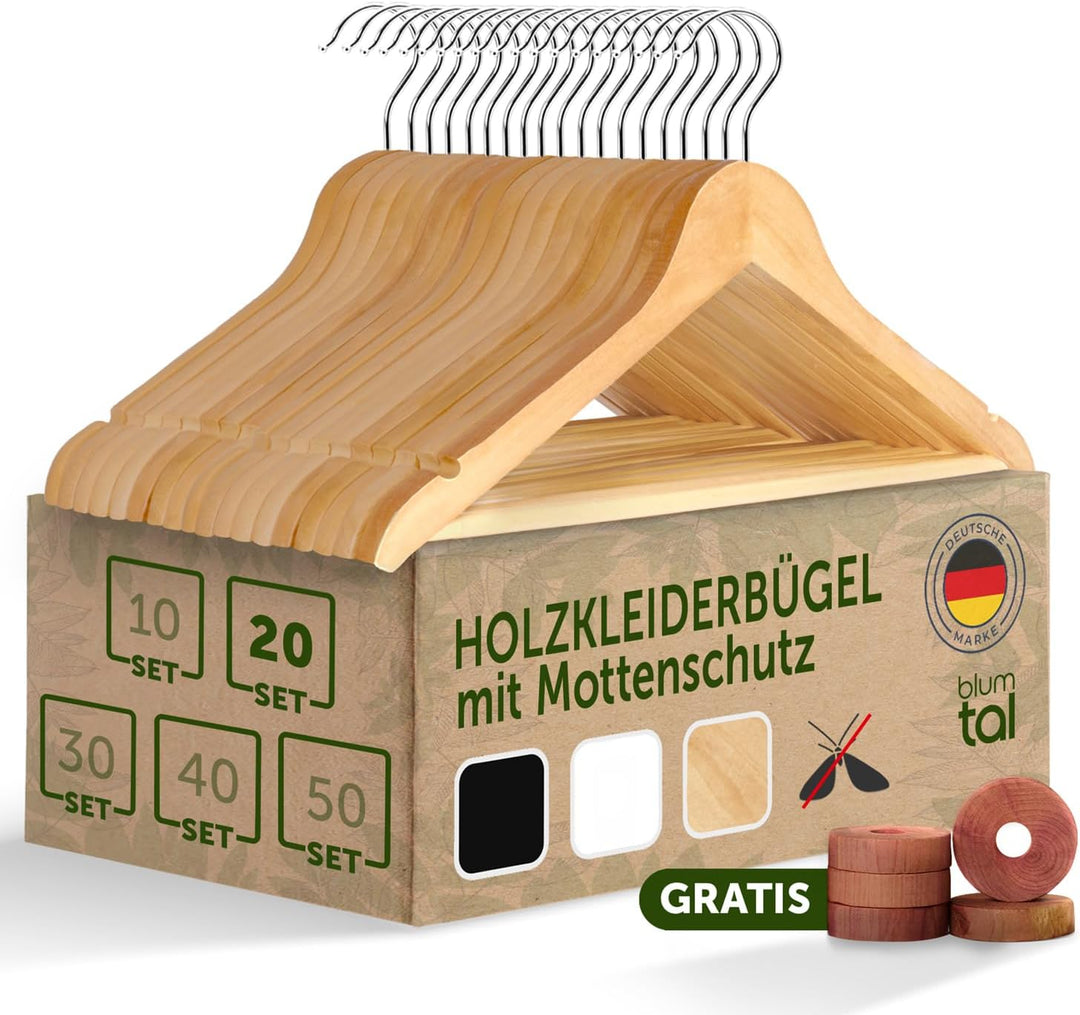 Blumtal Kleiderbügel Holz 20er Set - Holzbügel mit 360° drehbarem Metallhaken - Bügel aus robustem M