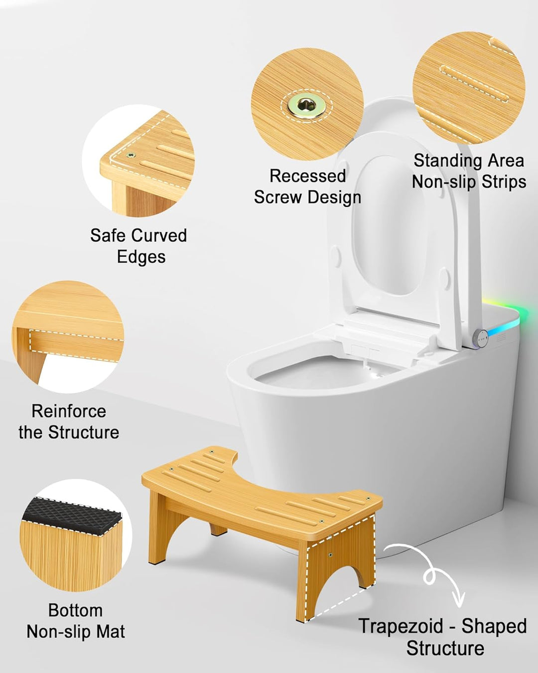 RayLove Physiologischer Toilettenhocker aus Bambus – WC-Trittbrett aus Holz – 35 Grad strapazierfähi