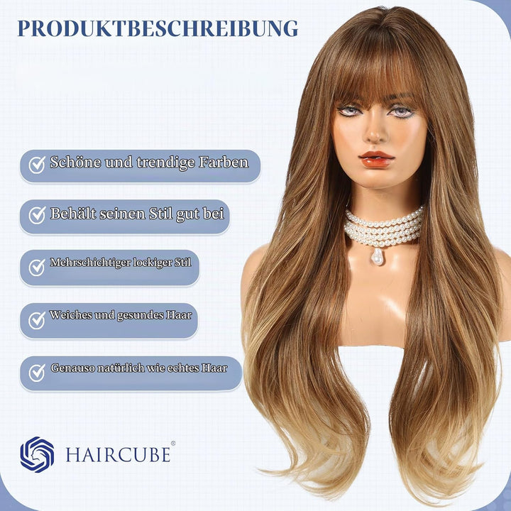 HAIRCUBE Lange Ombre-Perücke in Braun mit Pony, geschichtete lockige Perücken für Frauen, natürliche