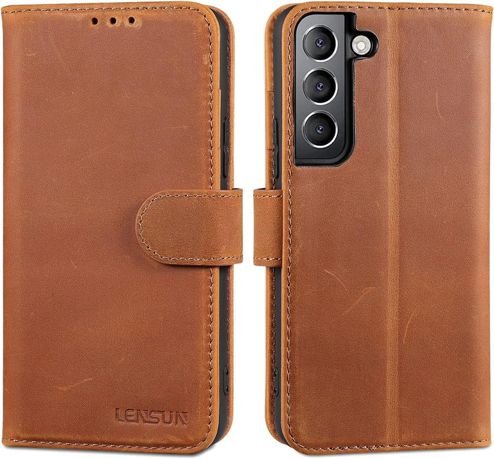 LENSUN Echtleder Hülle für Samsung Galaxy S22, Handyhülle Echt Leder [Magnetverschluss] [RFID Schutz