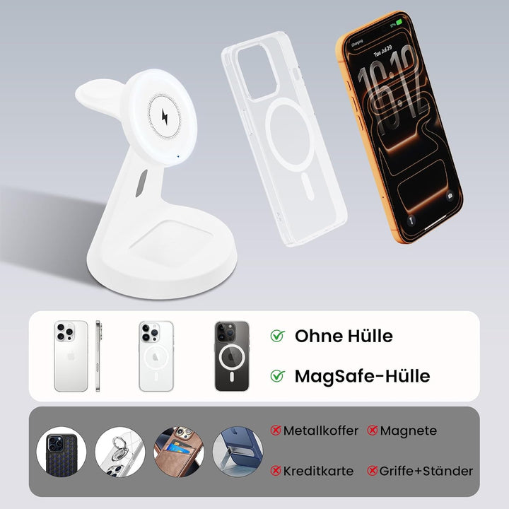 3 In 1 Kabelloses Ladegerät für Mag-Safe: JoyGeek Induktive Ladestation für Apple Watch und iPhone,