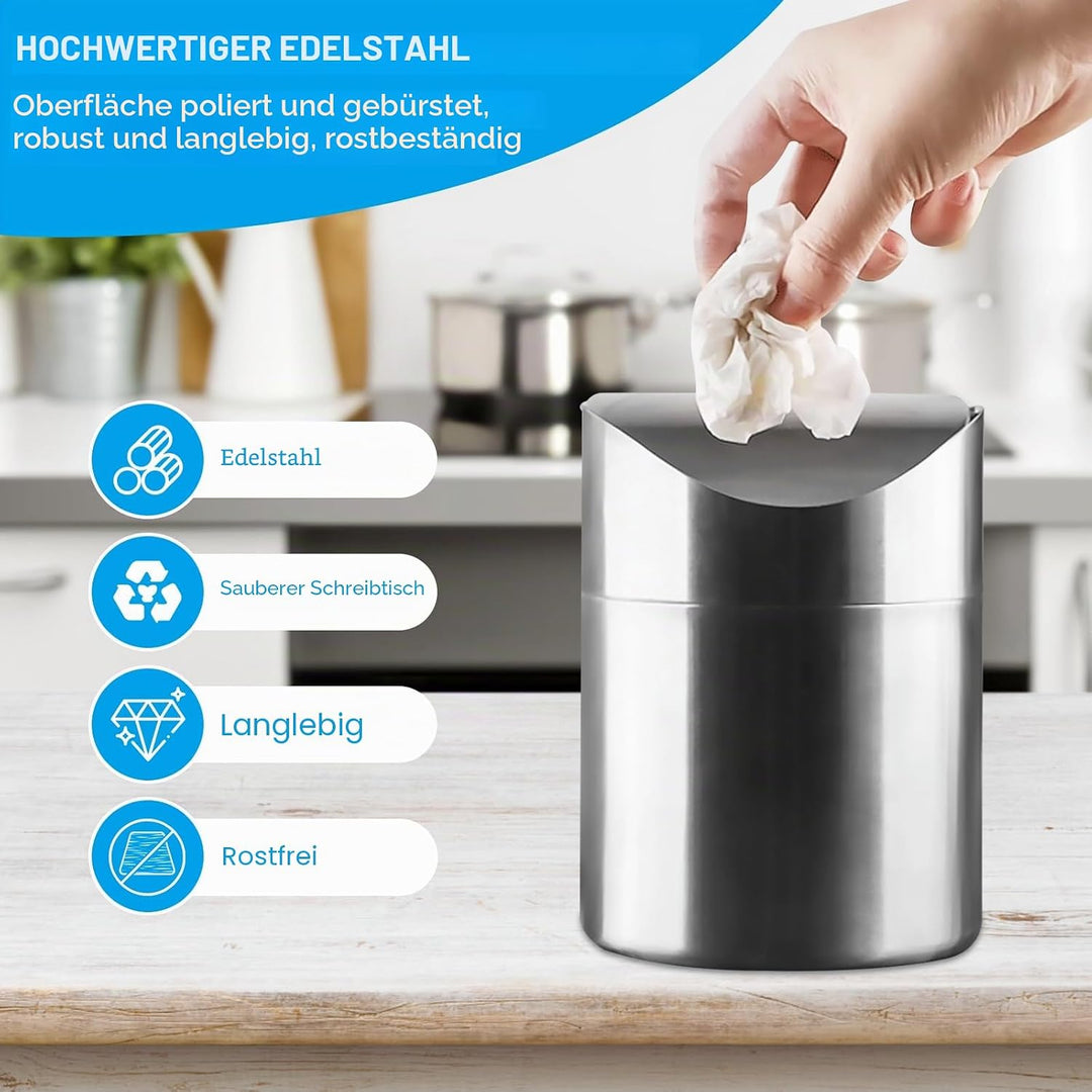Tischmülleimer mit Deckel, 2L Tischabfalleimer Edelstahl, Klein Papierkorb mit Schieberegler Multifu