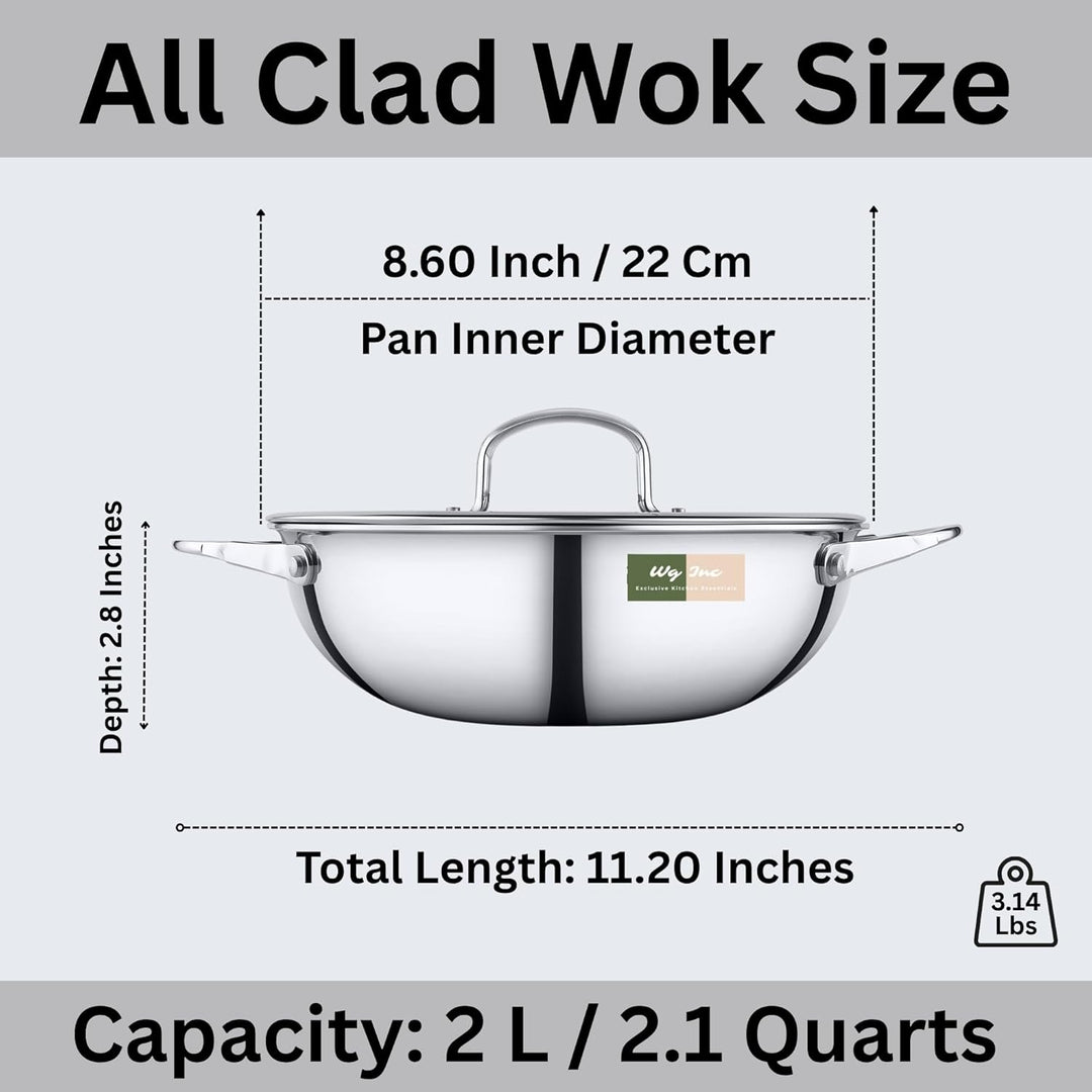 Edelstahl-Wok mit Deckel, Triply Kadhai, dreifach 22 cm grosse Pfanne zum Braten, Eintöpfe, Saucen,