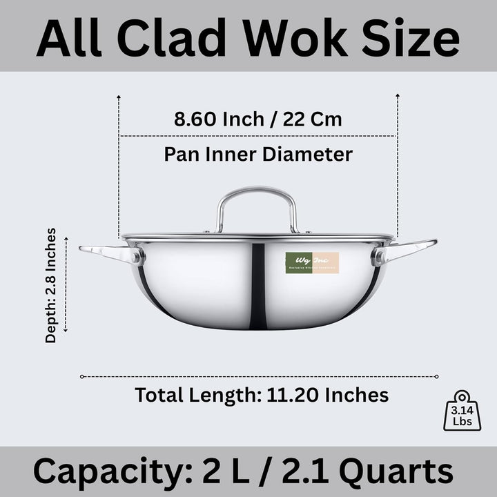 Edelstahl-Wok mit Deckel, Triply Kadhai, dreifach 22 cm grosse Pfanne zum Braten, Eintöpfe, Saucen,