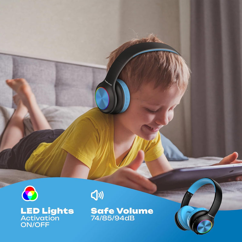 Kinderkopfhörer Bluetooth, PowerLocus Kinder Kopfhörer Kabellos mit LED-Leuchten 74/85/94dB Lautstär