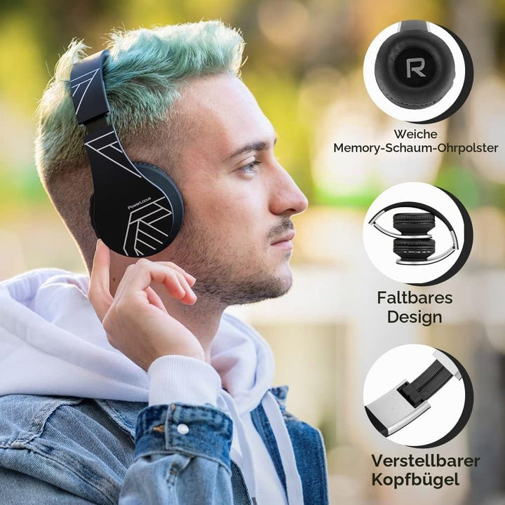 PowerLocus Kabellose Kopfhörer Over Ear, Kopfhörer Bluetooth mit Mikrofon, Faltbar, weiche Ohrpolste