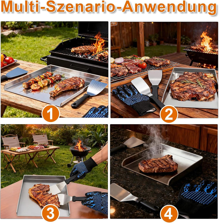 40x30cm Rostfreiem Edelstahl Grillplatte, 2mm Dicke Plancha Grillplatte Mit 2 Grillspachtel und Hoch