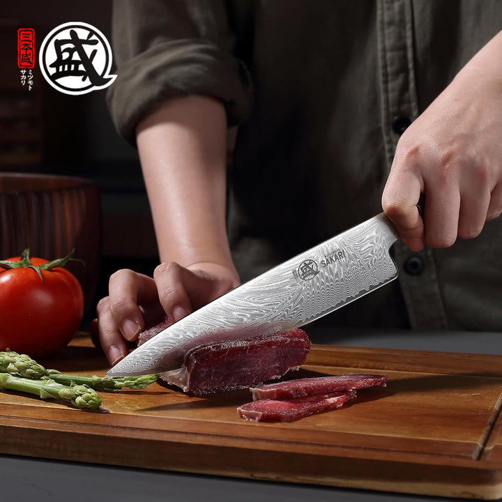 MITSUMOTO SAKARI Japanisches Damast-Küchenmesser, 8 Zoll Klinge aus Extrem Scharfem VG-Pro Stahl, Pr
