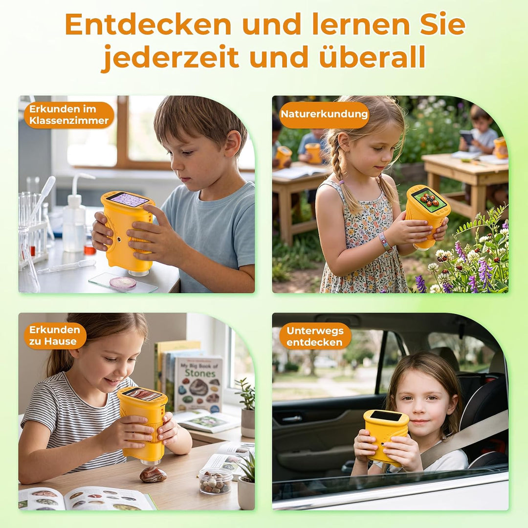 Digitales Mikroskop für Kinder, 1000X Vergrösserung mit 2.0" IPS Bildschirm, USB Wiederaufladbar und