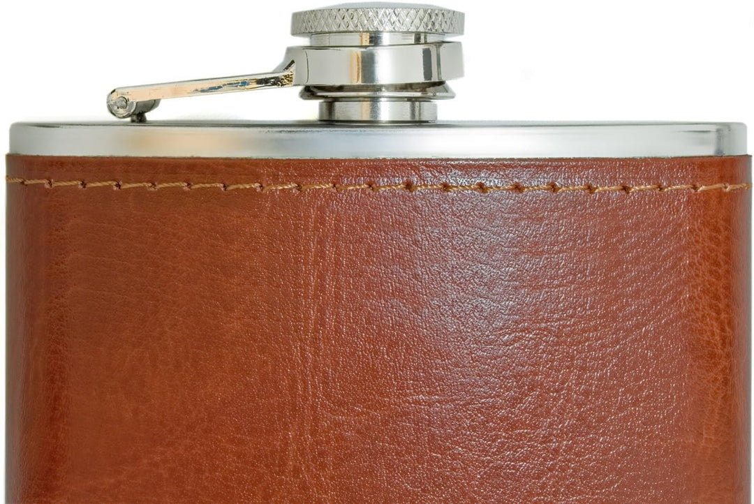 OUTDOORSAXX Edelstahl Flachmann 240ml im Leder Design inkl. Trichter, braun