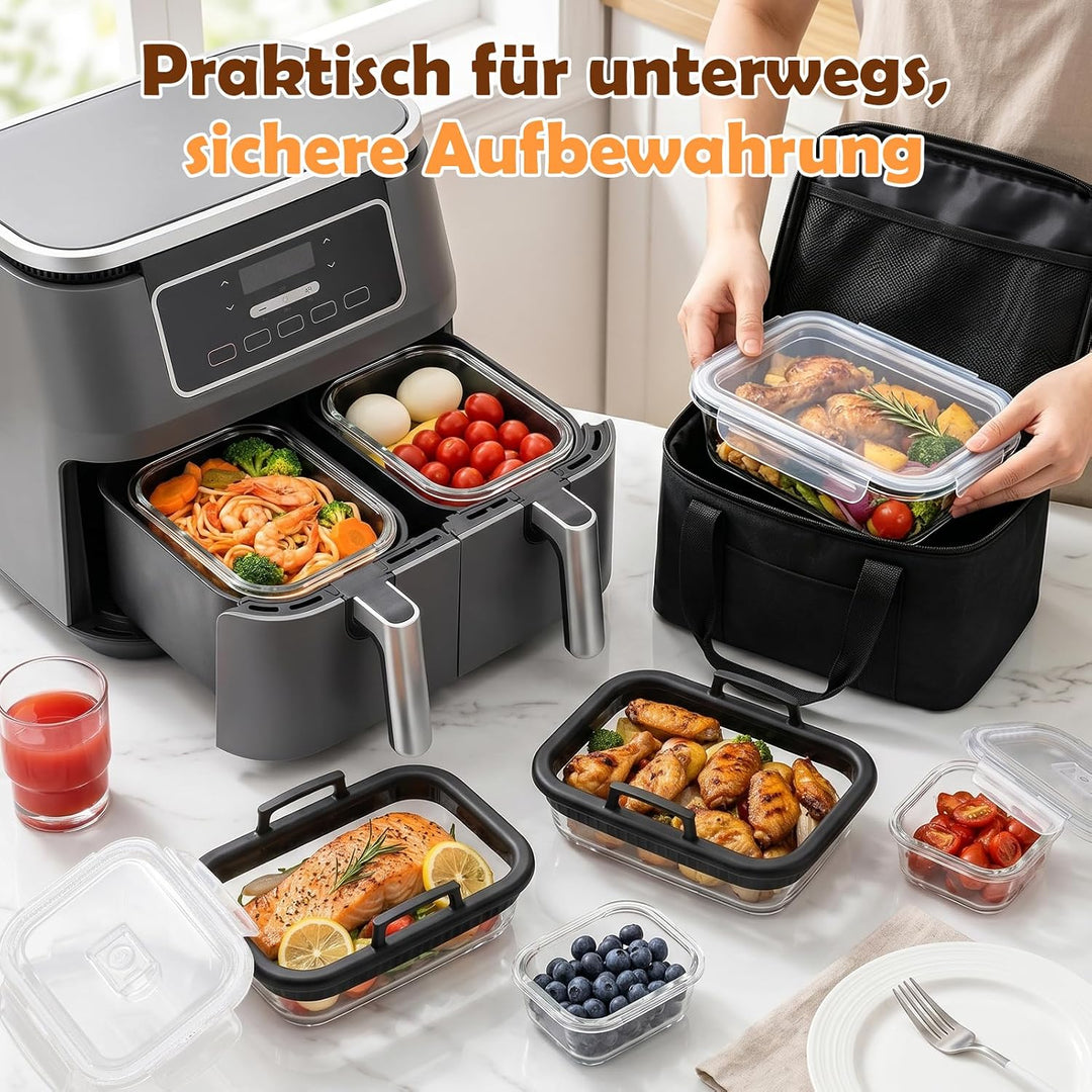 Glas-Auflaufform Airfryer mit Deckel, BPA-frei Glasform für Airfryer mit Abnehmbaren Silikongriffen,