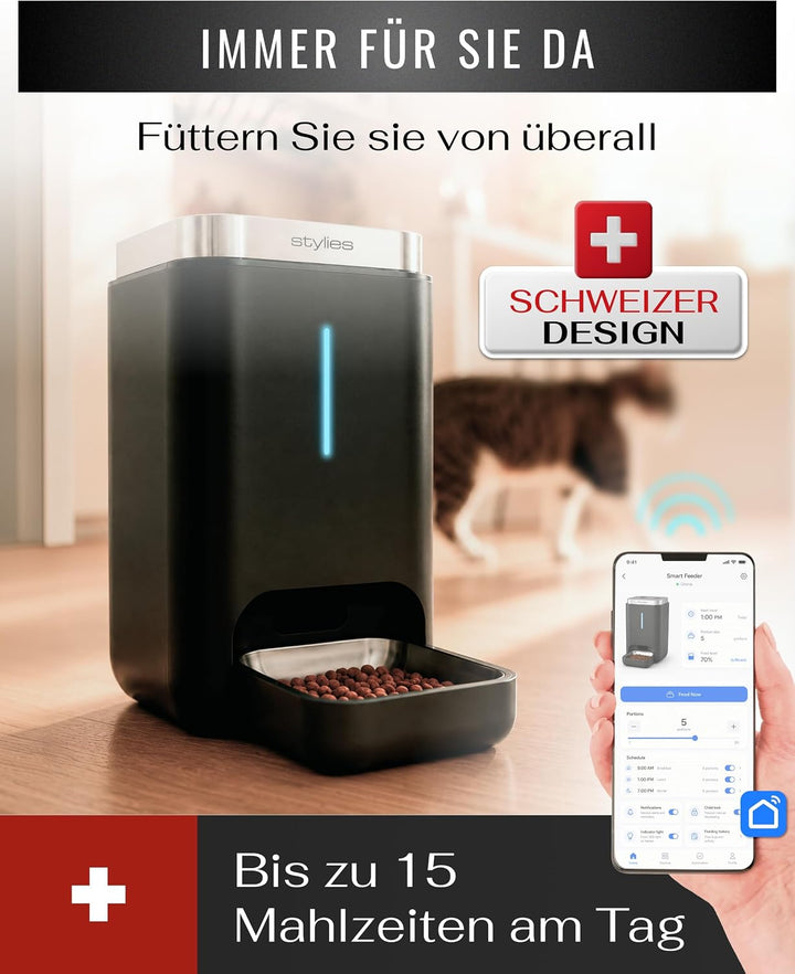 Futterautomat Katze 4,5L mit WiFi & App, Katzenfutter Automat für Trockenfutter, Edelstahlnapf, bis
