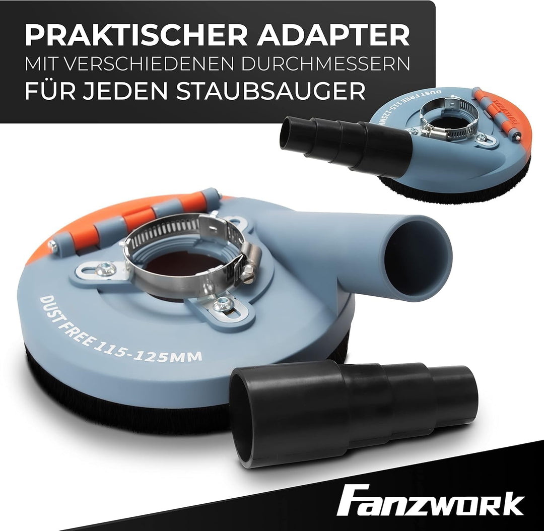FANZWORK Absaugaufsatz Absaughaube für Winkelschleifer inkl. 2 x 125 mm Diamantschleiftopf PROFI QUA