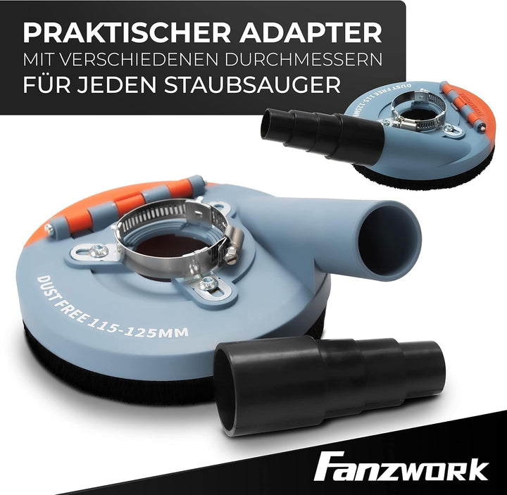FANZWORK Absaugaufsatz Absaughaube für Winkelschleifer inkl. 2 x 125 mm Diamantschleiftopf PROFI QUA