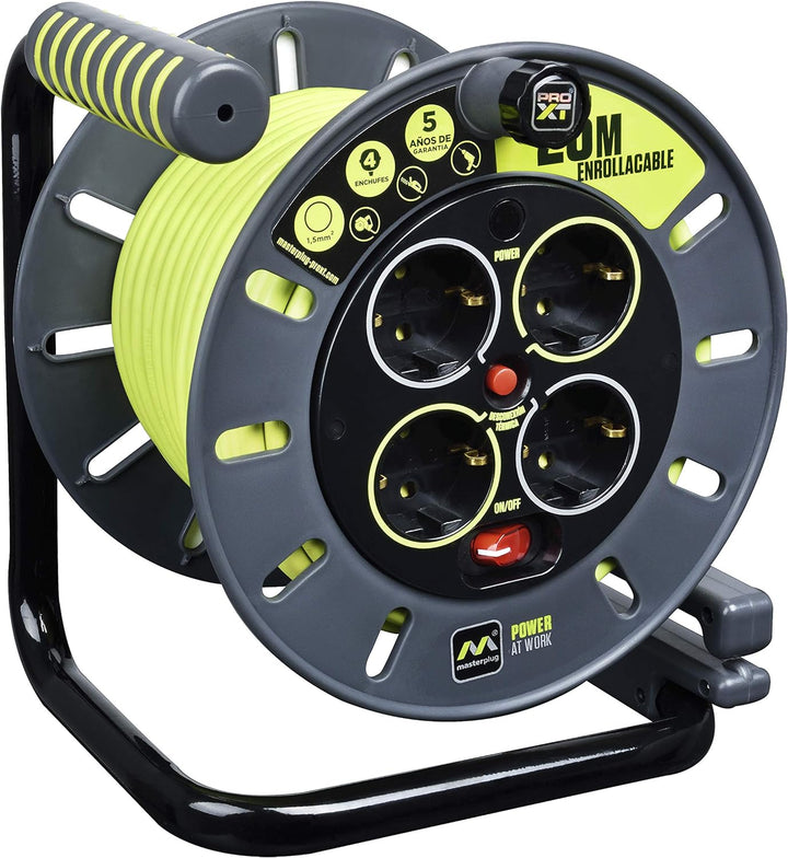 Masterplug Pro-XT Kabeltrommel 20 Meter, 4 EU Schuko-Steckdosen, Verlängerungskabel 16 A, Thermoschu