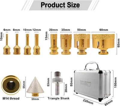 SHDIATOOL Diamantbohrer M14 Gewinde 6/8/10/12/20/35/50/68/50mm Diamant-Fasenbohrer/Dreikant-Schaftad