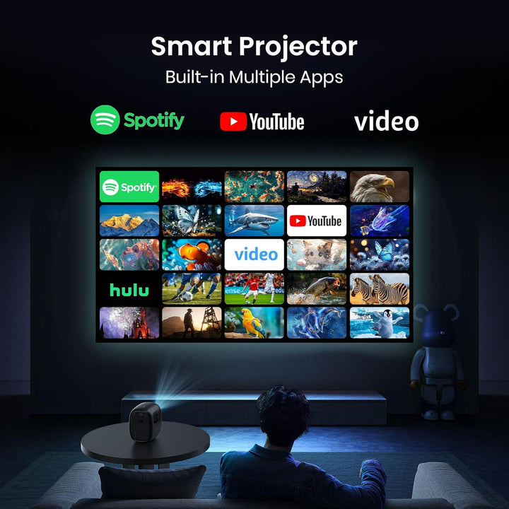 Smart Mini Beamer,1080p mit Beamer 4K, automatische trapezförmige Kompensation, mit WiFi 6 und Bluet
