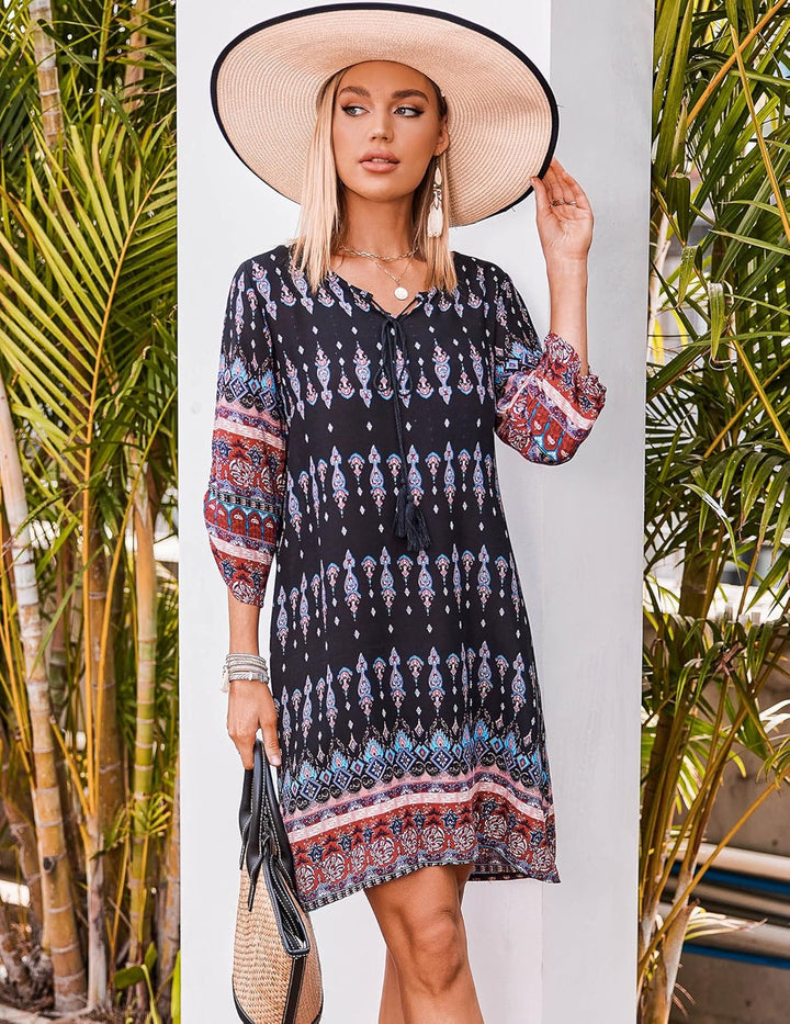 Beyove Damen Tunika Kleid Bohemian Strandkleid 3/4-Arm Sommerkleider Vintage Strandtunika Sommer Kle