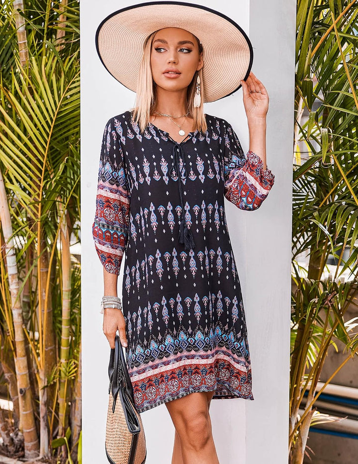 Beyove Damen Bohemian Tunika Kleid Strandkleid Sommerkleider Vintage Strandtunika 3/4-Arm Rundhals K