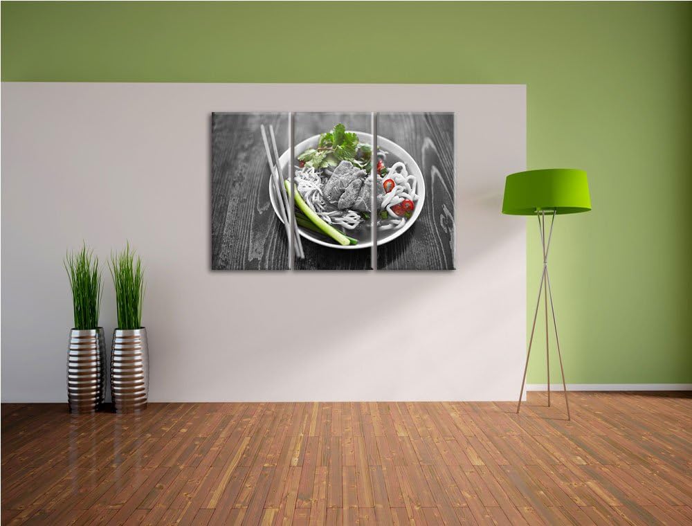 Japanische Nudelsuppe mit Fleisch schwarz/weiss 3-Teiler Leinwandbild 120x80 Bild auf Leinwand, XXL