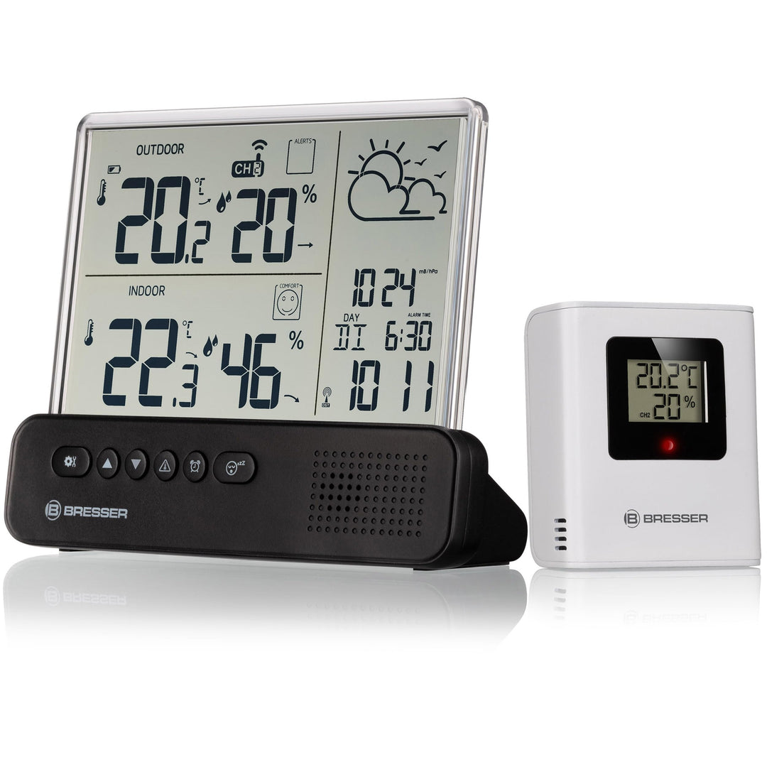 Bresser Funkwetterstation mit Aussensensor transparentem Display Temperatur Luftfeuchtigkeit Wecker