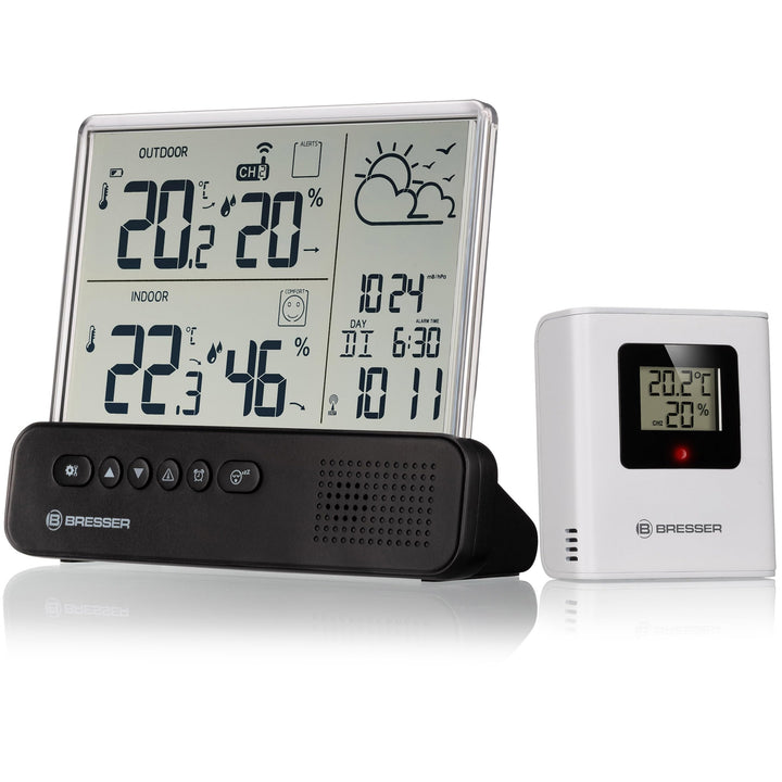 Bresser Funkwetterstation mit Aussensensor transparentem Display Temperatur Luftfeuchtigkeit Wecker