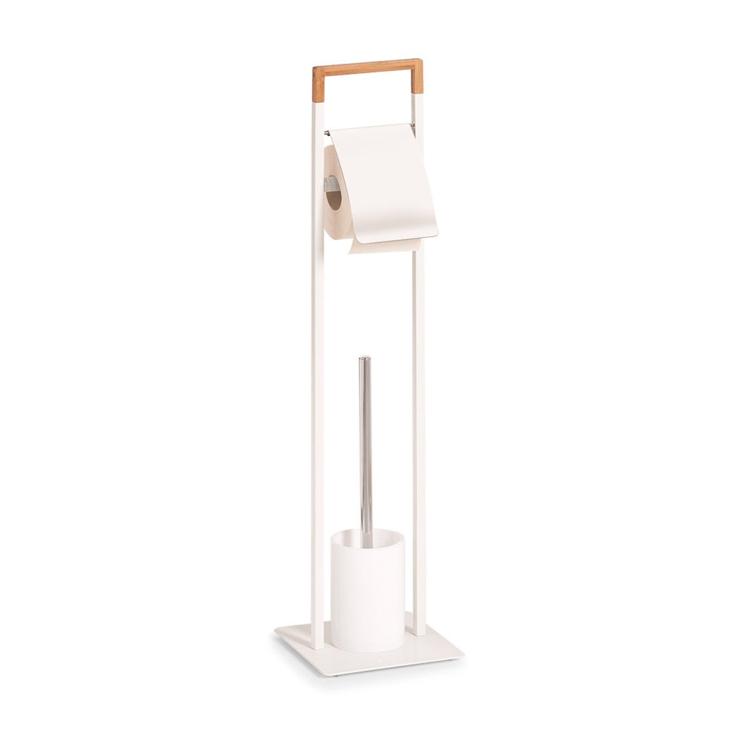 Zeller 18723 WC-Garnitur, Metall/Bamboo, weiss, ca. 19 x 19 x 74,5 cm, Toilettenpapierhalter mit WC-