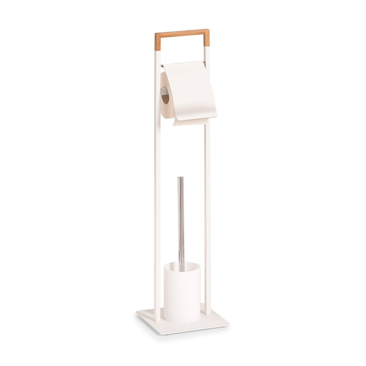 Zeller 18723 WC-Garnitur, Metall/Bamboo, weiss, ca. 19 x 19 x 74,5 cm, Toilettenpapierhalter mit WC-