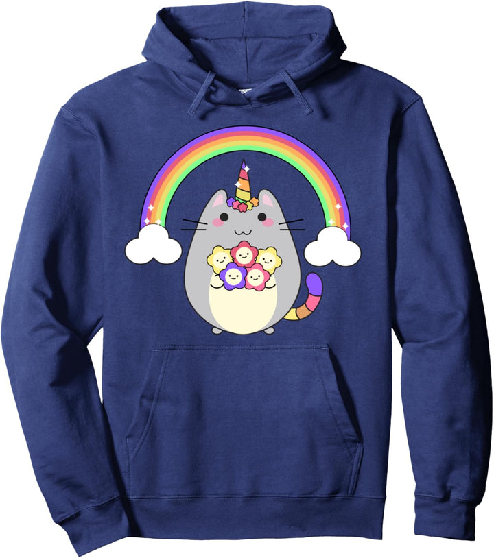 Caticorn Rainbow And Flowers Portrait Pullover Hoodie