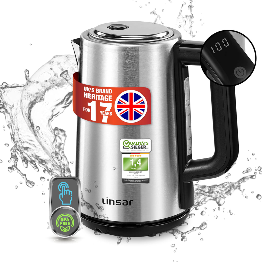 Wasserkocher - Edelstahl-Optik - 1,7 Liter - Mit Touchfunktion, Warmhaltefunktion, 5 Temperatur-Eins
