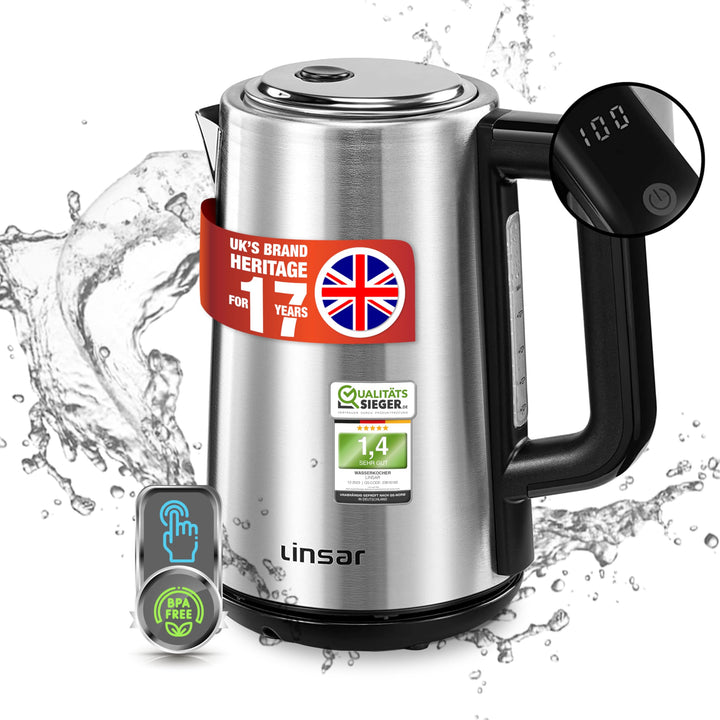 Wasserkocher - Edelstahl-Optik - 1,7 Liter - Mit Touchfunktion, Warmhaltefunktion, 5 Temperatur-Eins