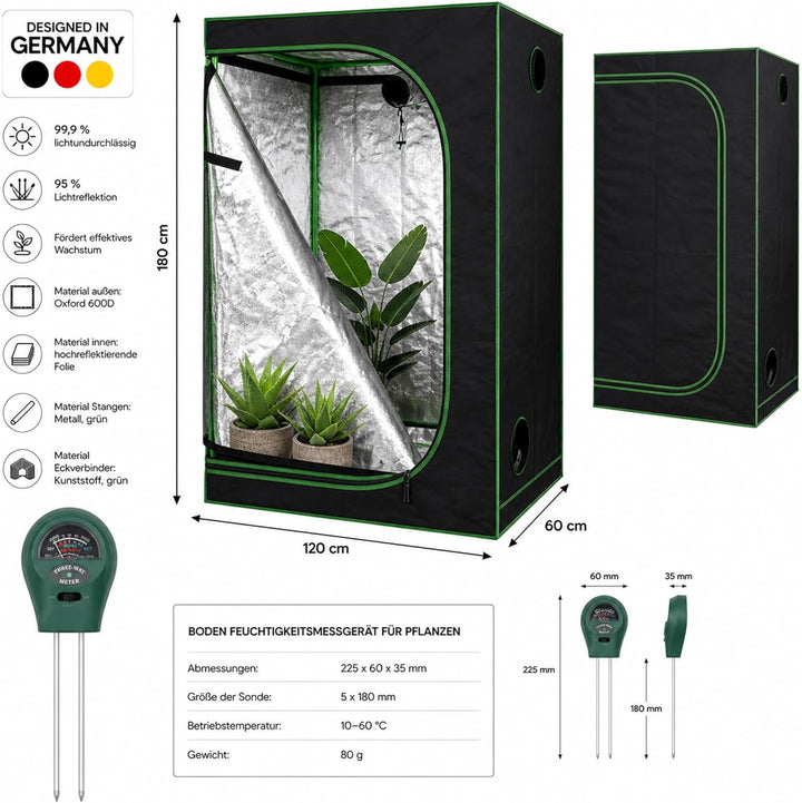 Mucola Growzelt 120x60x180 cm Set mit 3-in-1 Messgerät Zuchtzelt für Hydrokulturen zur Pflanzenzucht