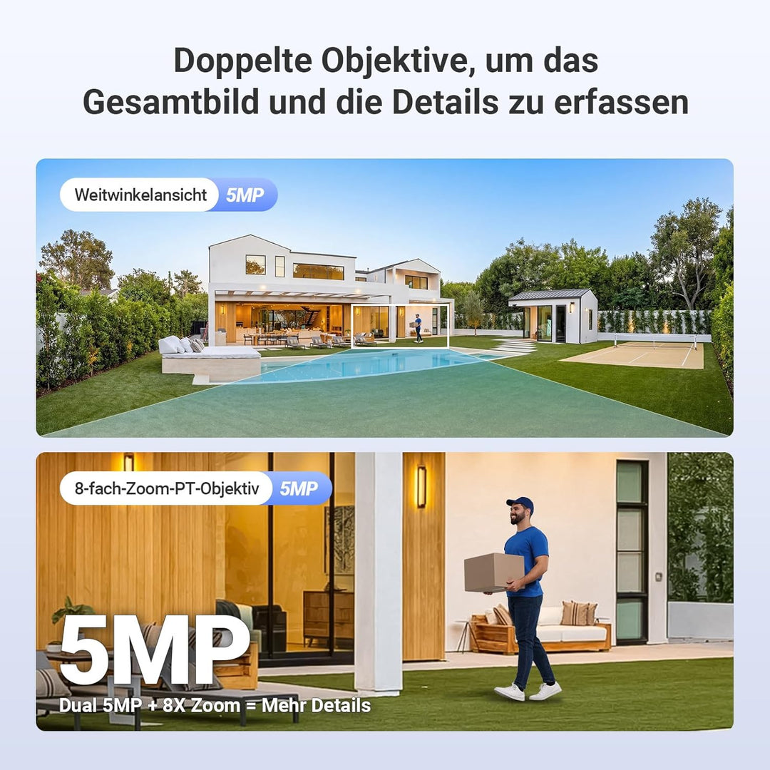 EZVIZ 5MP+5MP Überwachungskamera Aussen mit Dual-Lens, 2,4&amp;5GHz WLAN, 360° PTZ Überwachung Outdoor,