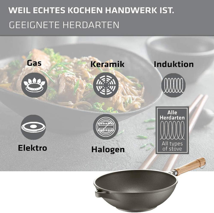 Berndes Veggi Wok Bonanza Induktion 28 cm, Wokpfanne mit 3-lagiger Antihaftversiegelung und Holzgrif