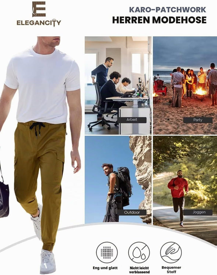 Cargohose Herren Chino Hose mit 6 Taschen Cargo Hose Stretch Jogginghose für Männer mit Bundgummi El