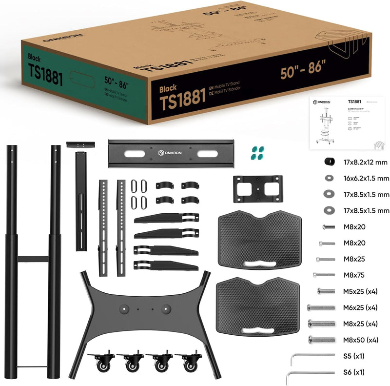 ONKRON Mobiler TV Ständer höhenverstellbar für 50” - 86” TVs bis zu 105 kg - Fernsehständer mit Roll